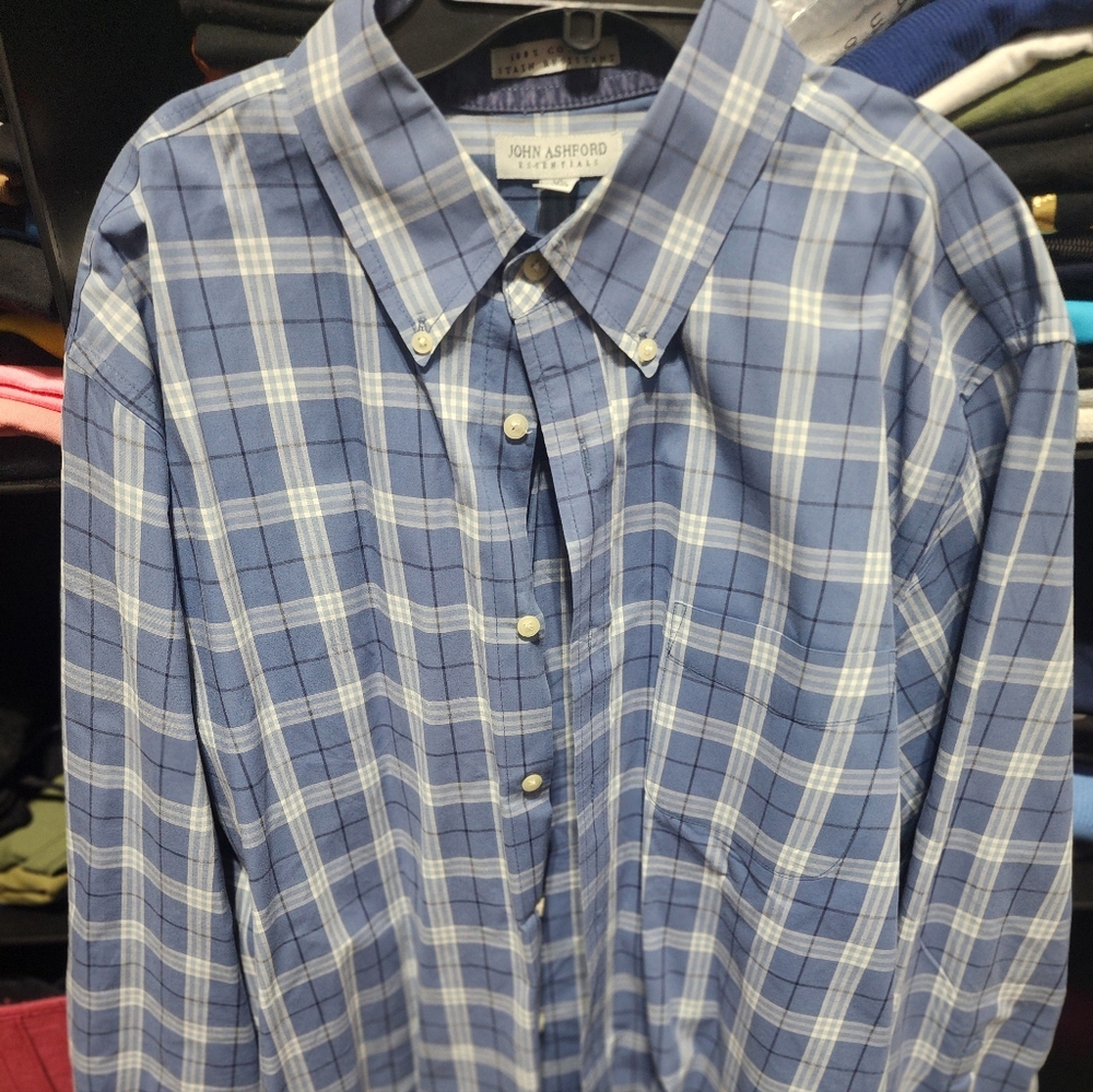 John Ashford Blue and White Plaid Button-Down Shirt